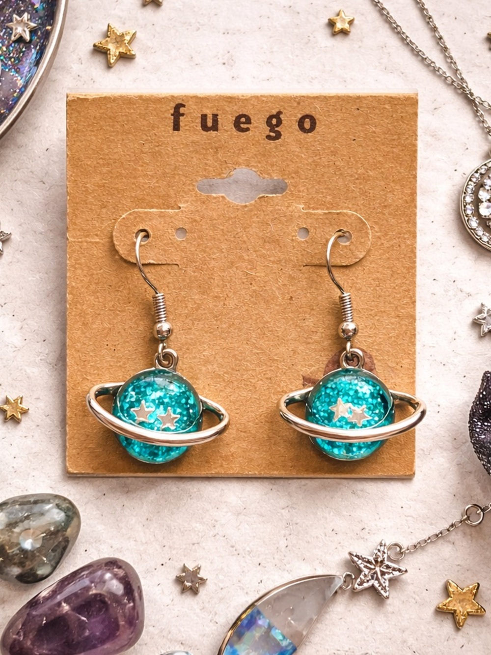Teal Glitter Celestial Planet Earrings | Silver